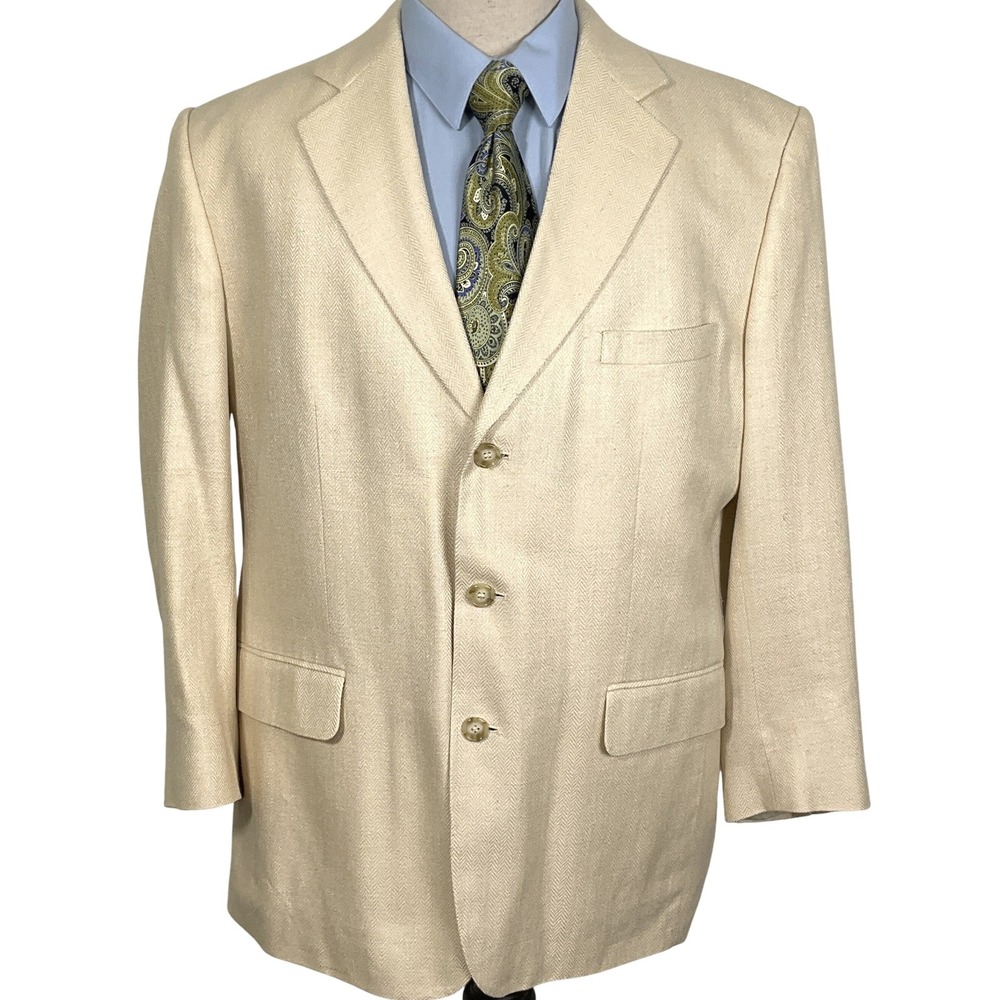 Stafford Blazer Men‎ 42R Beige Herringbone Silk Weave Career Classic Summer